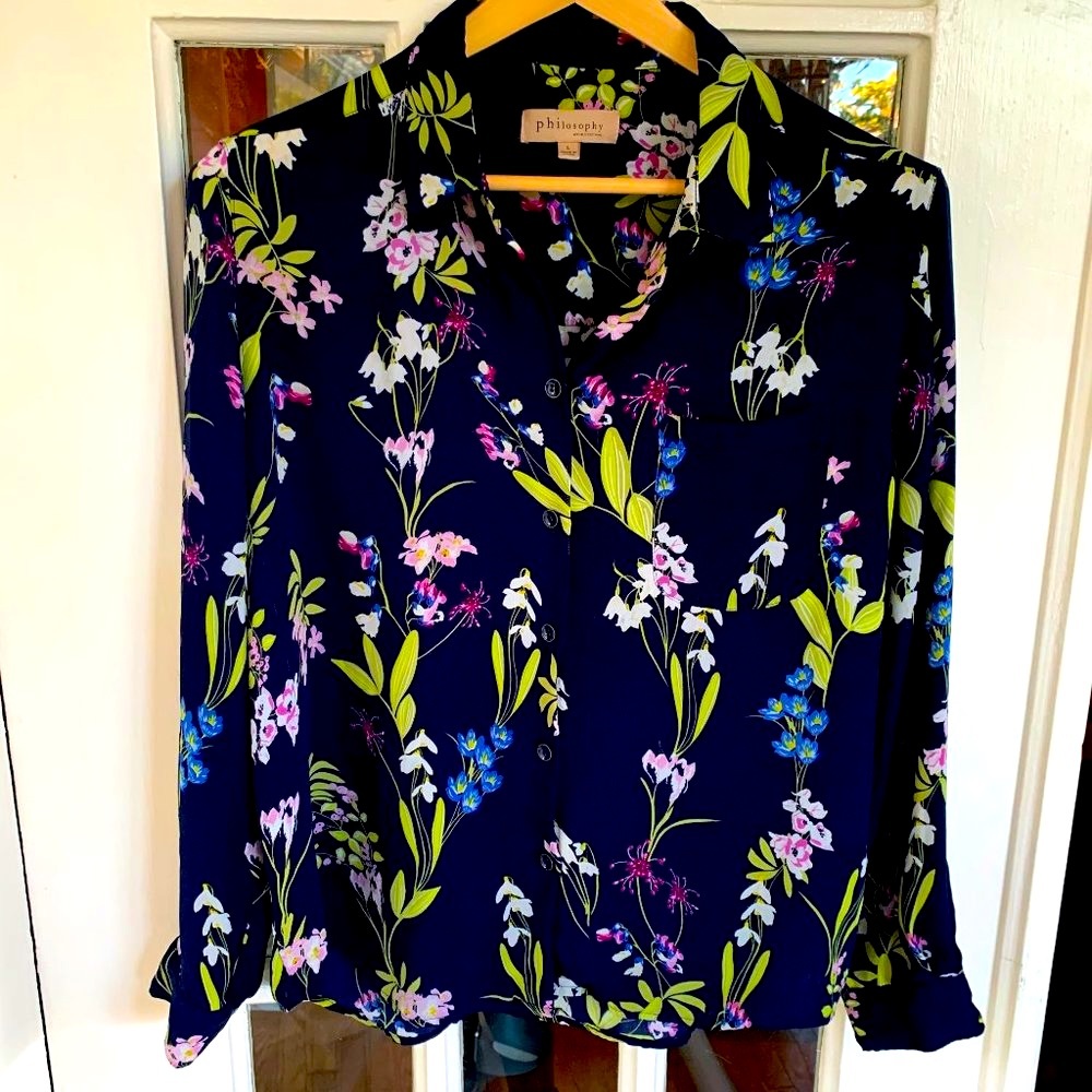 Philosophy Blouse (Large) sheer floral botanical button up collared relaxed fit